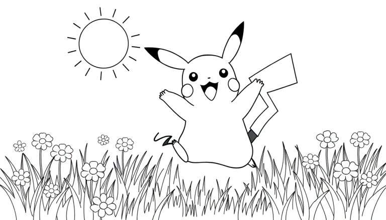 Placa de color de Pikachu saltando alegremente en un campo de flores con el sol brillante.