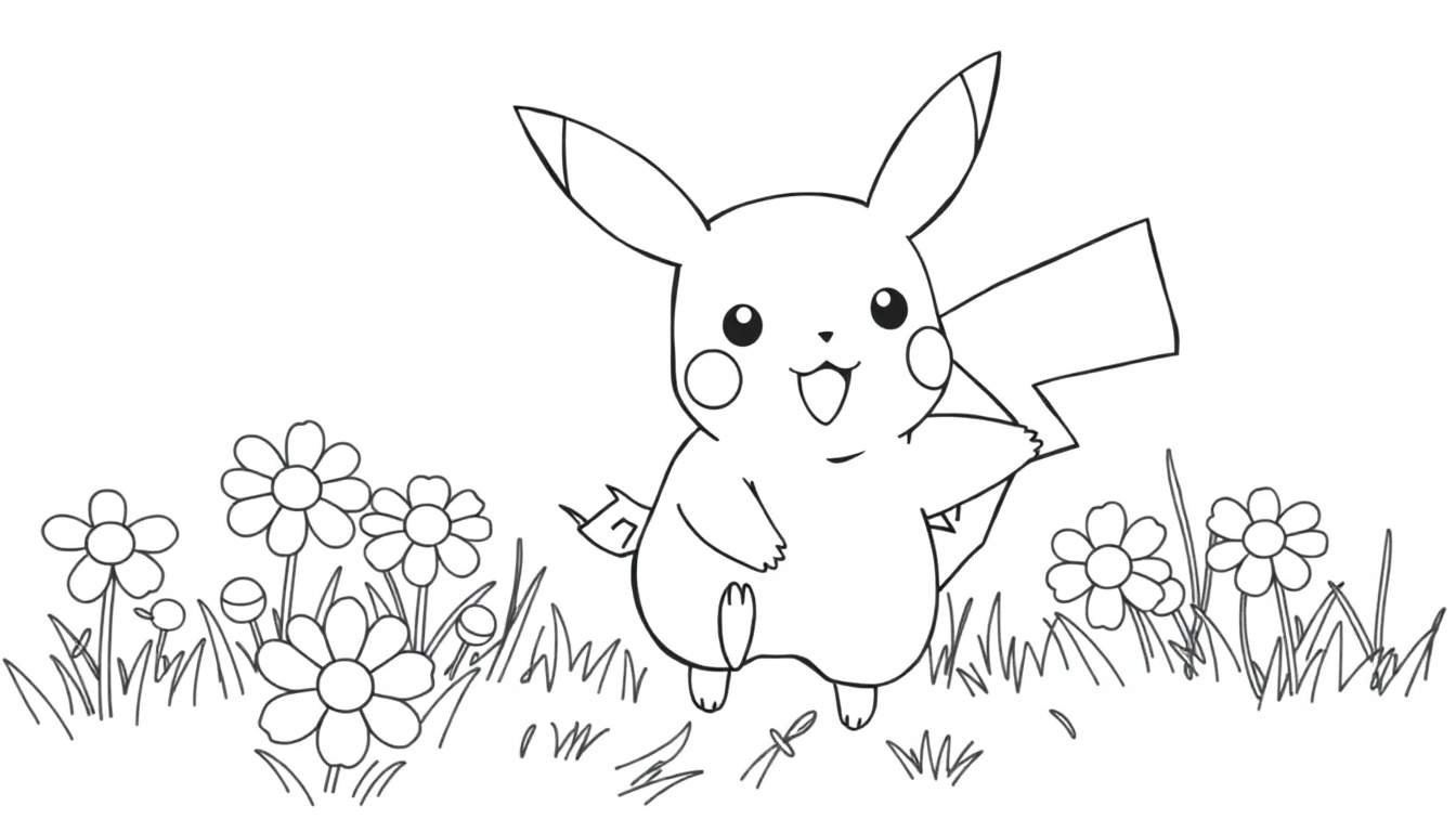 Placa de color de Pikachu sonriente rodeado de flores.