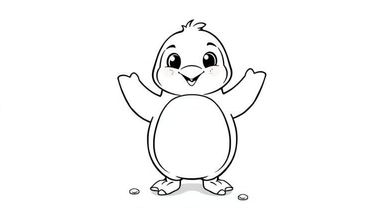Placa de color de un lindo pingüino sonriente con las alas abiertas.