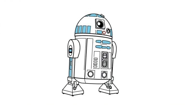 Una placa de R2-D2 para colorear en un espacio estrellado.