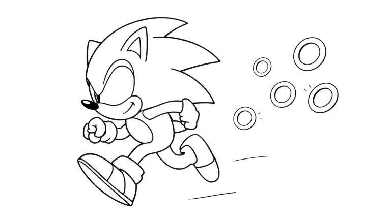 Placa de color de Sonic el Erizo corriendo rápido con anillos dorados.