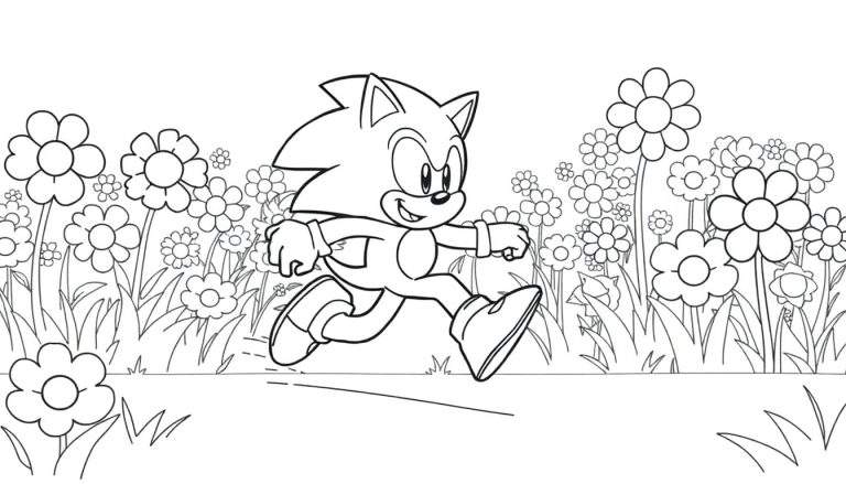 Placa de color de Sonic el Erizo corriendo en un campo de flores.