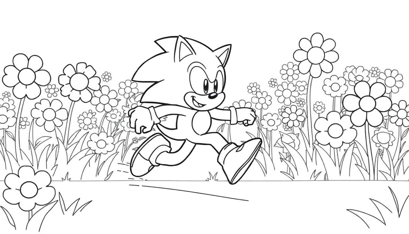Placa de color de Sonic el Erizo corriendo en un campo de flores.
