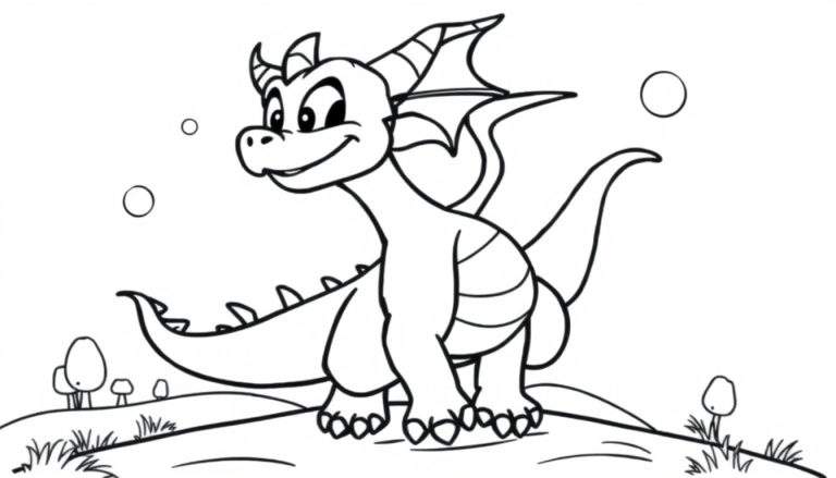 Dibujo lineal de un dragón amigable de dibujos animados listo para colorear, con texto que dice 'Spyro el dragón juguetón, listo para colorear. ¡Un mundo de aventuras te espera en blanco y negro!'