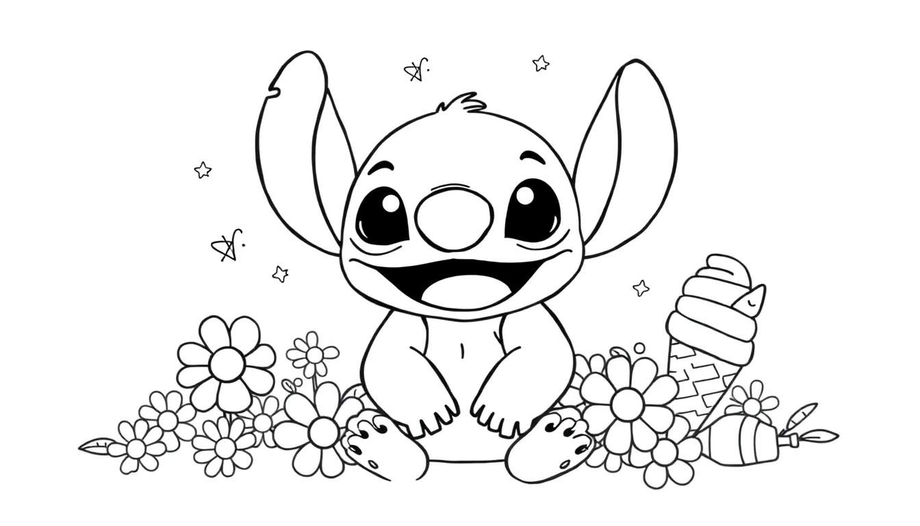 Stitch sonriendo en una placa de color rodeado de flores y un cucurucho de helado.