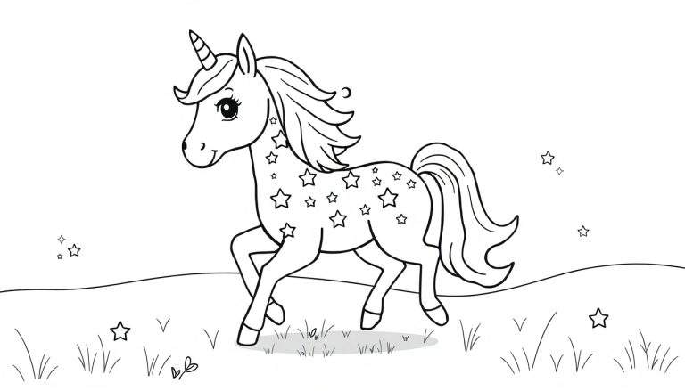 Placa de color de un unicornio mágico corriendo entre estrellas.