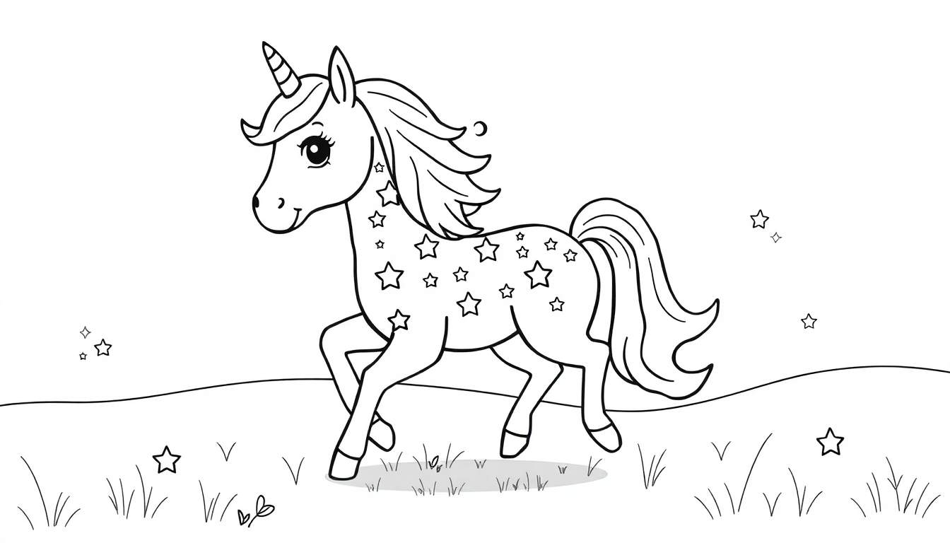 Placa de color de un unicornio mágico corriendo entre estrellas.
