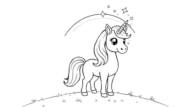 Placa de color para niños de un unicornio mágico alegre con estrellas y arcoíris.