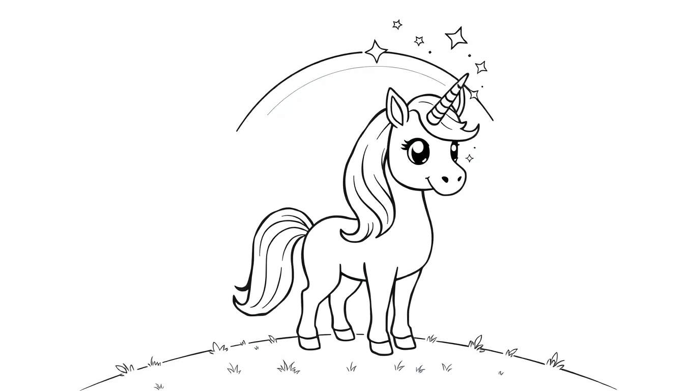 Placa de color para niños de un unicornio mágico alegre con estrellas y arcoíris.
