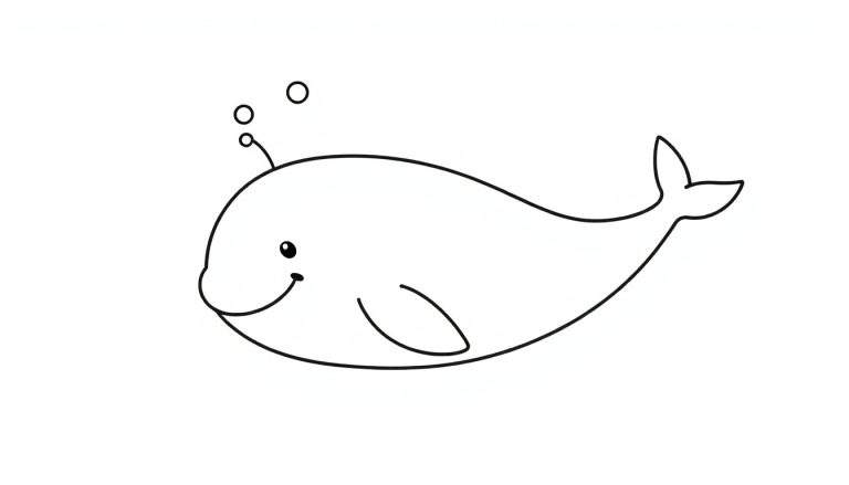 Placa de color de una ballena de dibujos animados amigable con burbujas saliendo de su espiráculo.