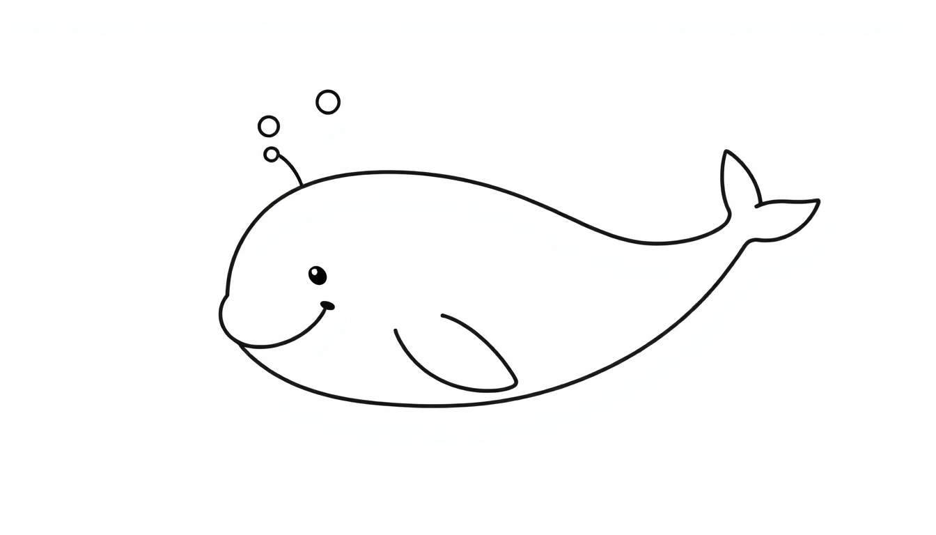 Placa de color de una ballena de dibujos animados amigable con burbujas saliendo de su espiráculo.