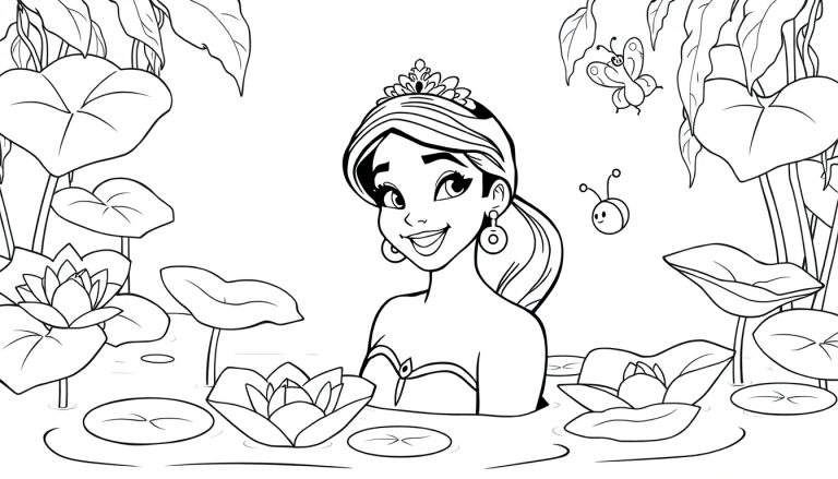Placa de color de la princesa Tiana en un pantano con nenúfares.
