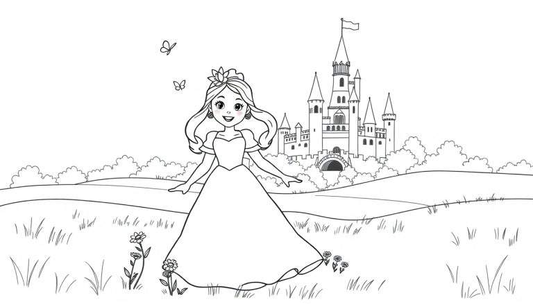 Una placa de color para colorear de una princesa en un castillo.