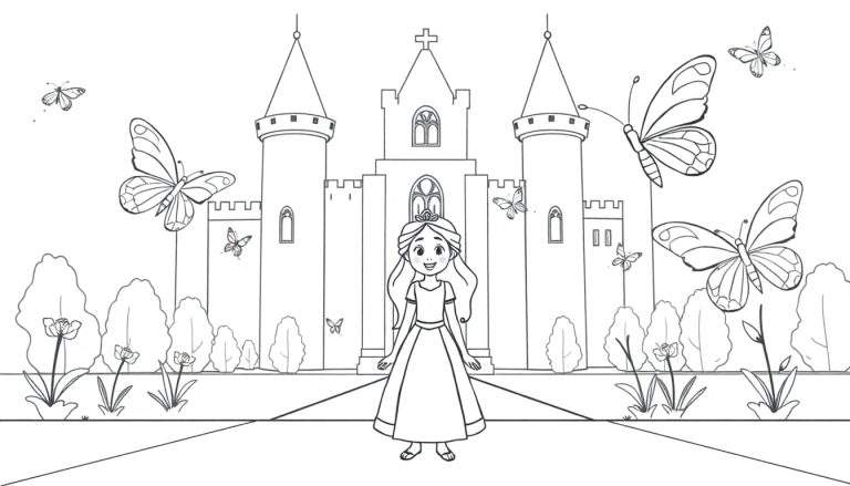 Una princesa sonriente con una tiara se encuentra en un camino frente a un castillo con tres torres. Mariposas revolotean alrededor de la escena en esta placa de color para colorear.