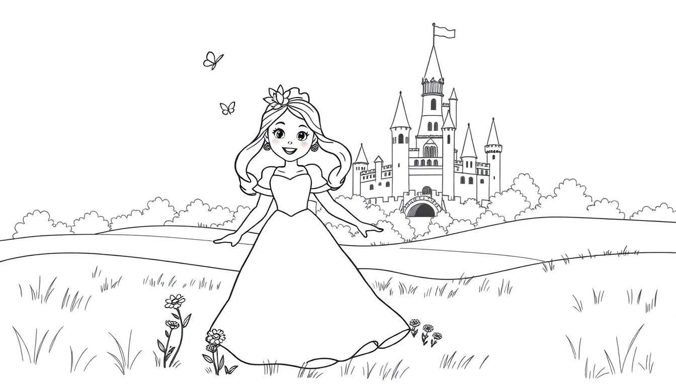 Una placa de color para colorear de una princesa en un castillo.