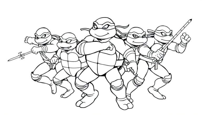 Página para colorear de las Tortugas Ninja listas para la acción, una placa de color en blanco y negro.