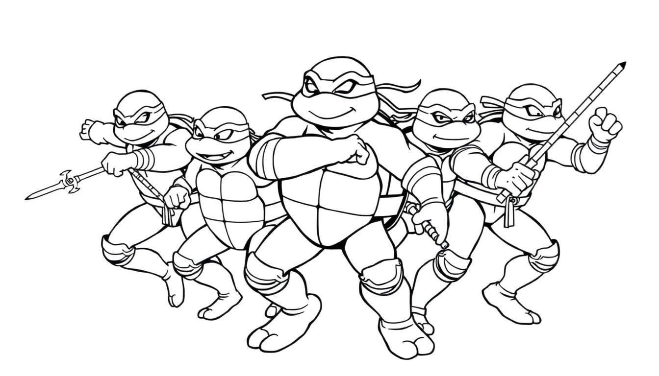 Página para colorear de las Tortugas Ninja listas para la acción, una placa de color en blanco y negro.