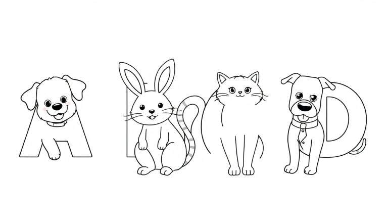 Placa de color con animales del abecedario: un perrito para la A, un conejito para la B, un gato para la C y un perro con corbata para la D.