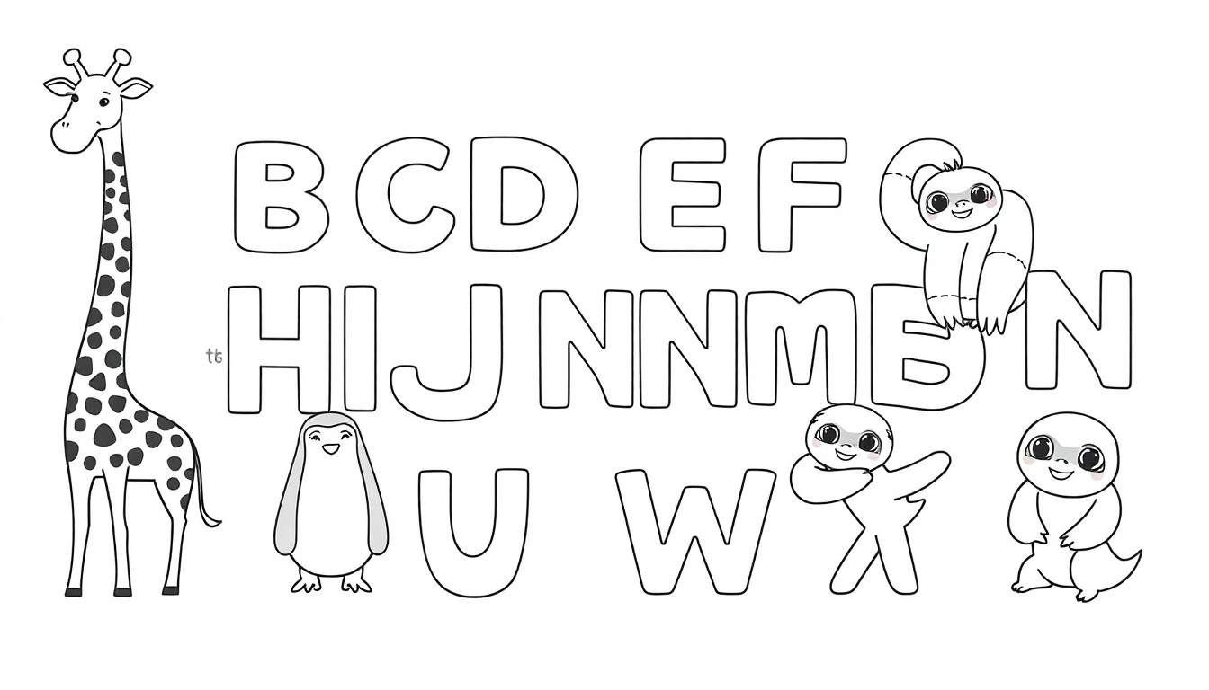 Placa de color infantil con animales del alfabeto, incluyendo una jirafa, un pingüino y perezosos.