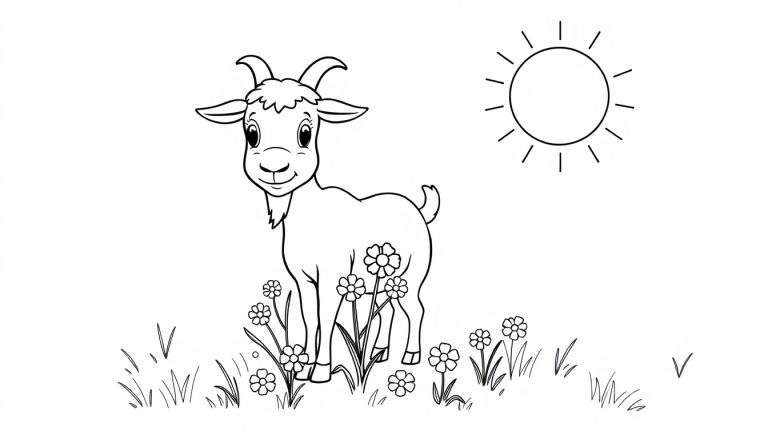 Placa de color de un cabrito feliz comiendo flores bajo el sol.