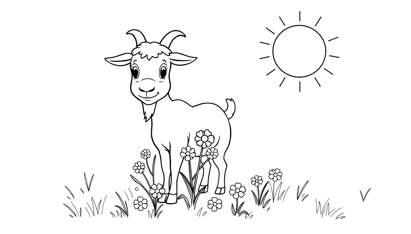 Placa de color de un cabrito feliz comiendo flores bajo el sol.