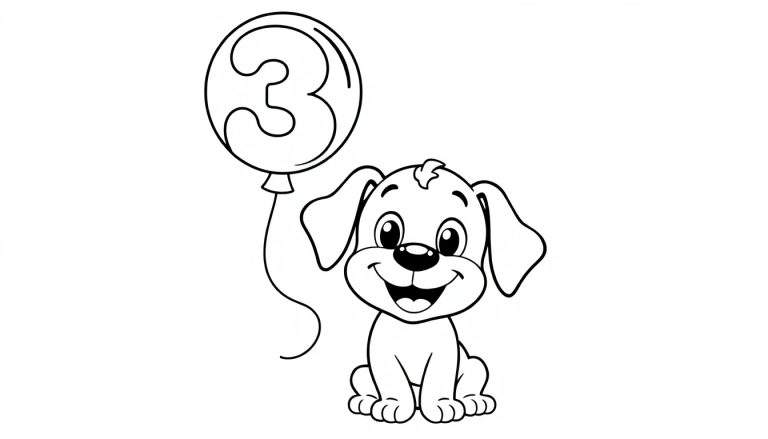 Placa de color de un cachorro feliz con un globo número 3.