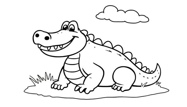 Un cocodrilo sonriente listo para colorear en una placa de color.