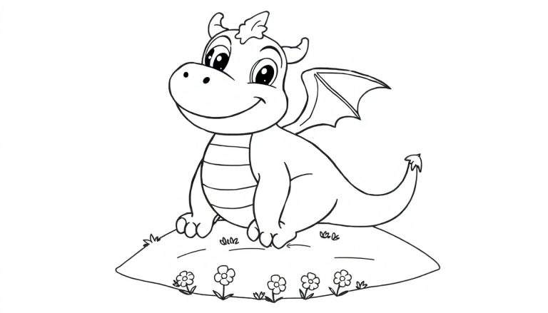 Placa de color de un dragón de dibujos animados sentado en un cojín con flores.