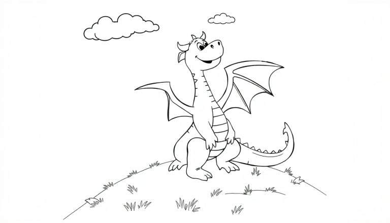Placa de color de un dragón amigable sonriendo en una colina.