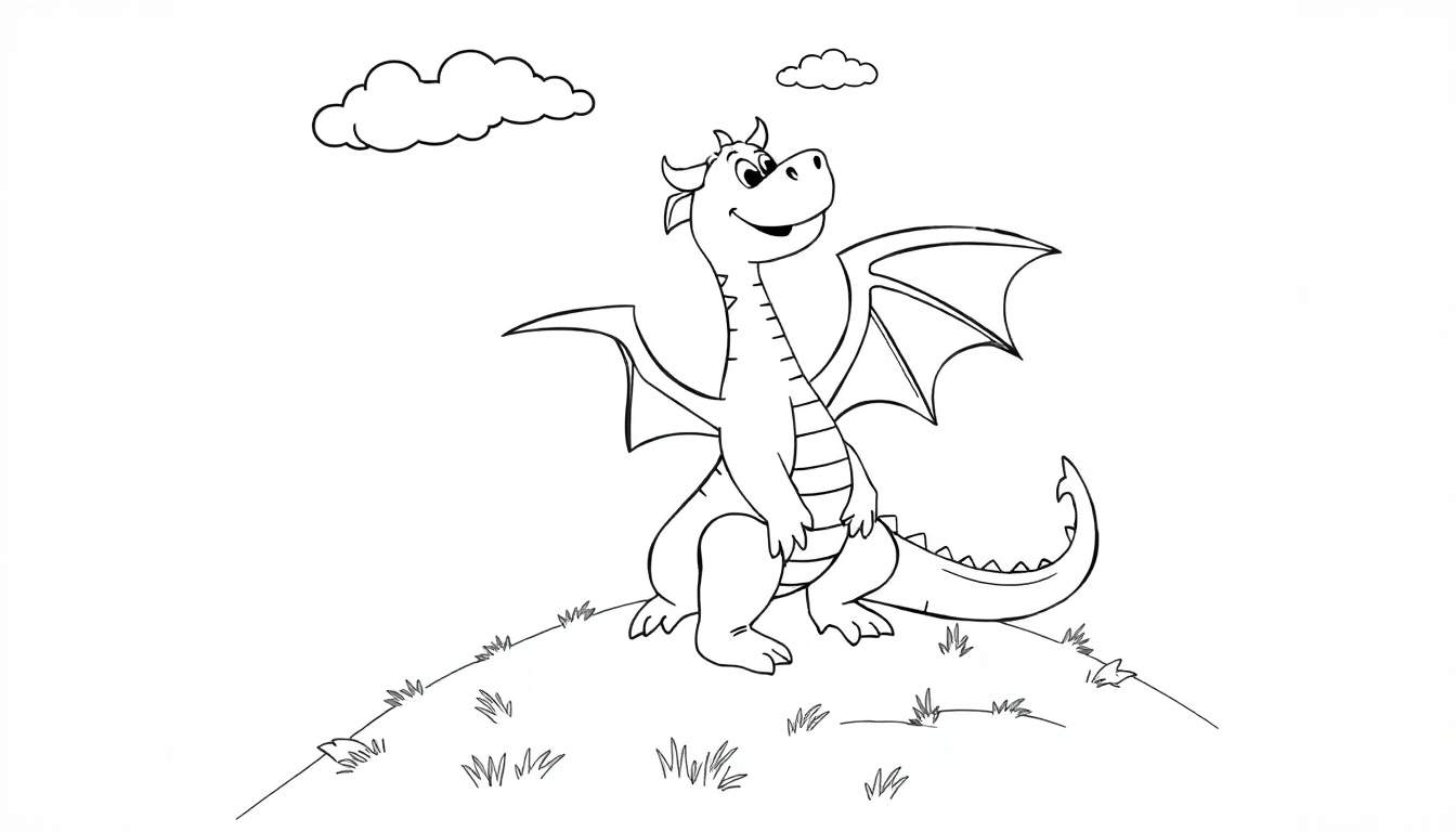 Placa de color de un dragón amigable sonriendo en una colina.
