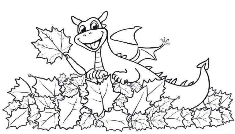 Un dragón amigable de dibujos animados sentado en un montón de hojas de arce en esta placa de color para colorear.