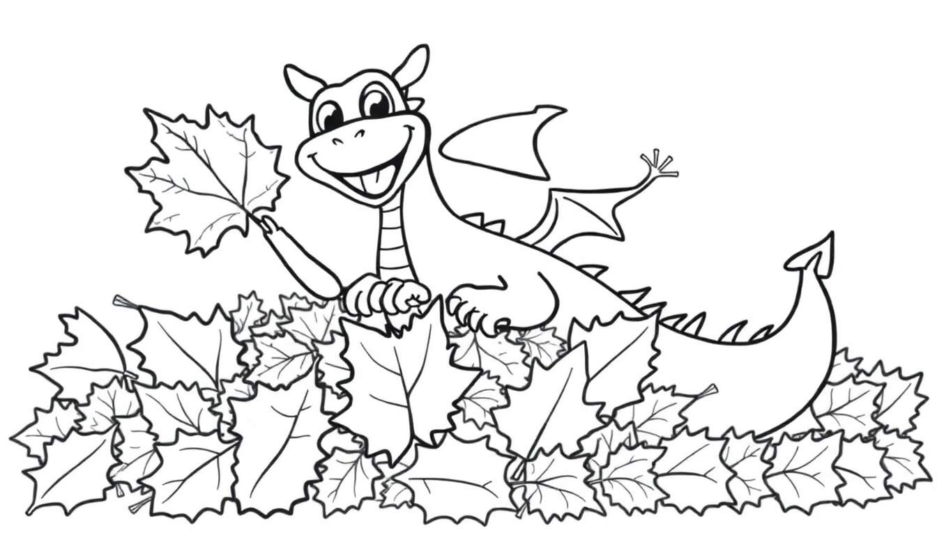 Un dragón amigable de dibujos animados sentado en un montón de hojas de arce en esta placa de color para colorear.