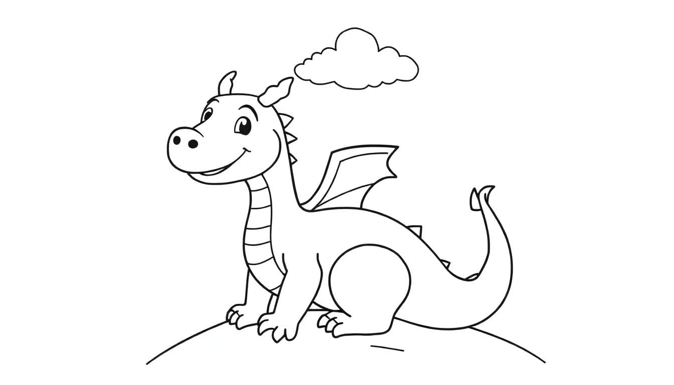 Placa de color de un dragón de dibujos animados amigable sentado en una colina con una nube.