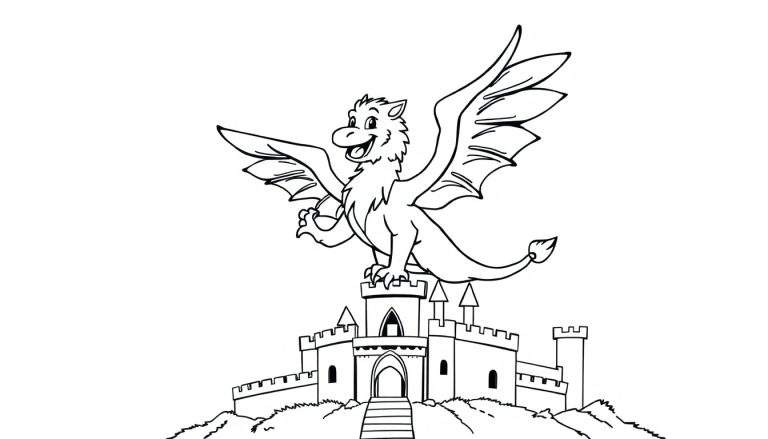 Placa de color de un dragón amigable sobre un castillo.