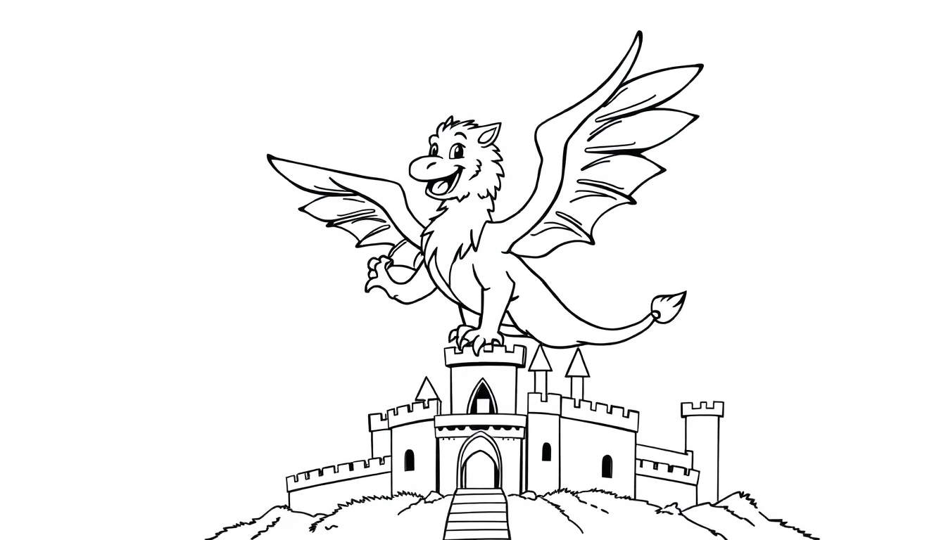 Placa de color de un dragón amigable sobre un castillo.
