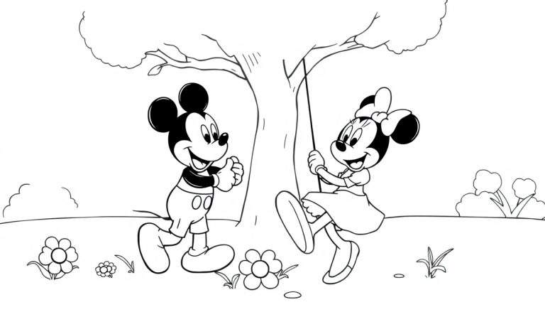 Placa de color de Mickey y Minnie jugando en el parque, con Minnie en un columpio y Mickey observándola.