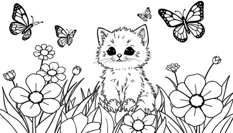Placa de color de un gatito adorable con mariposas y flores.