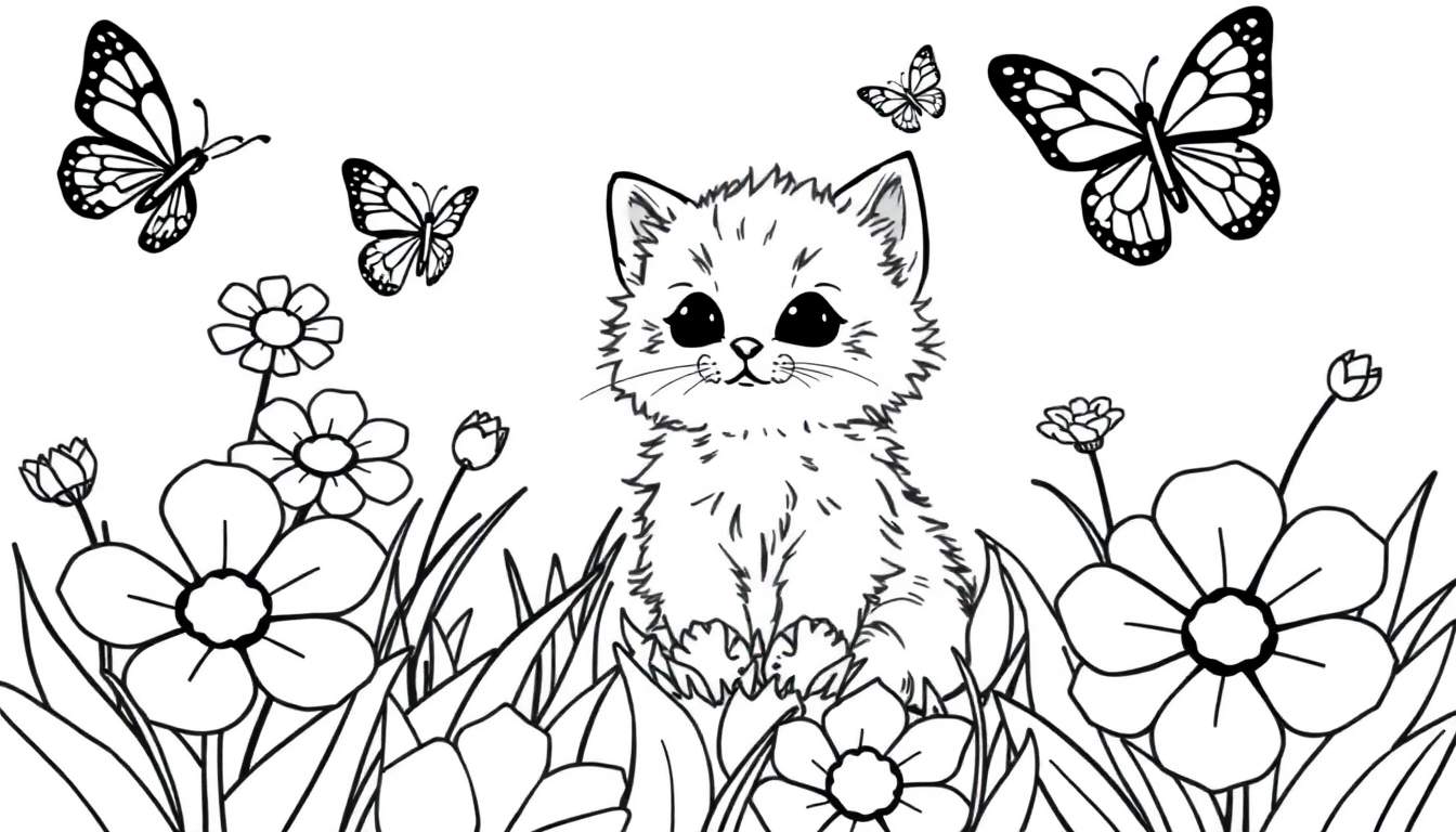 Placa de color de un gatito adorable con mariposas y flores.