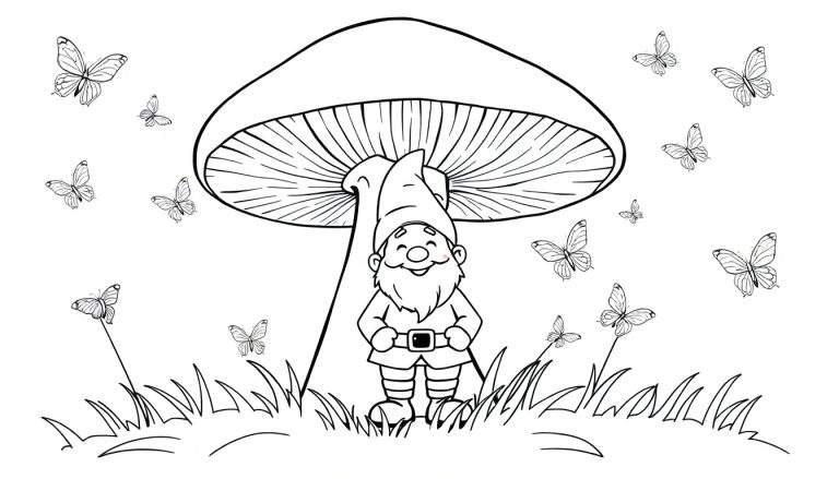 Placa de color de un gnomo amigable bajo un hongo gigante con mariposas.