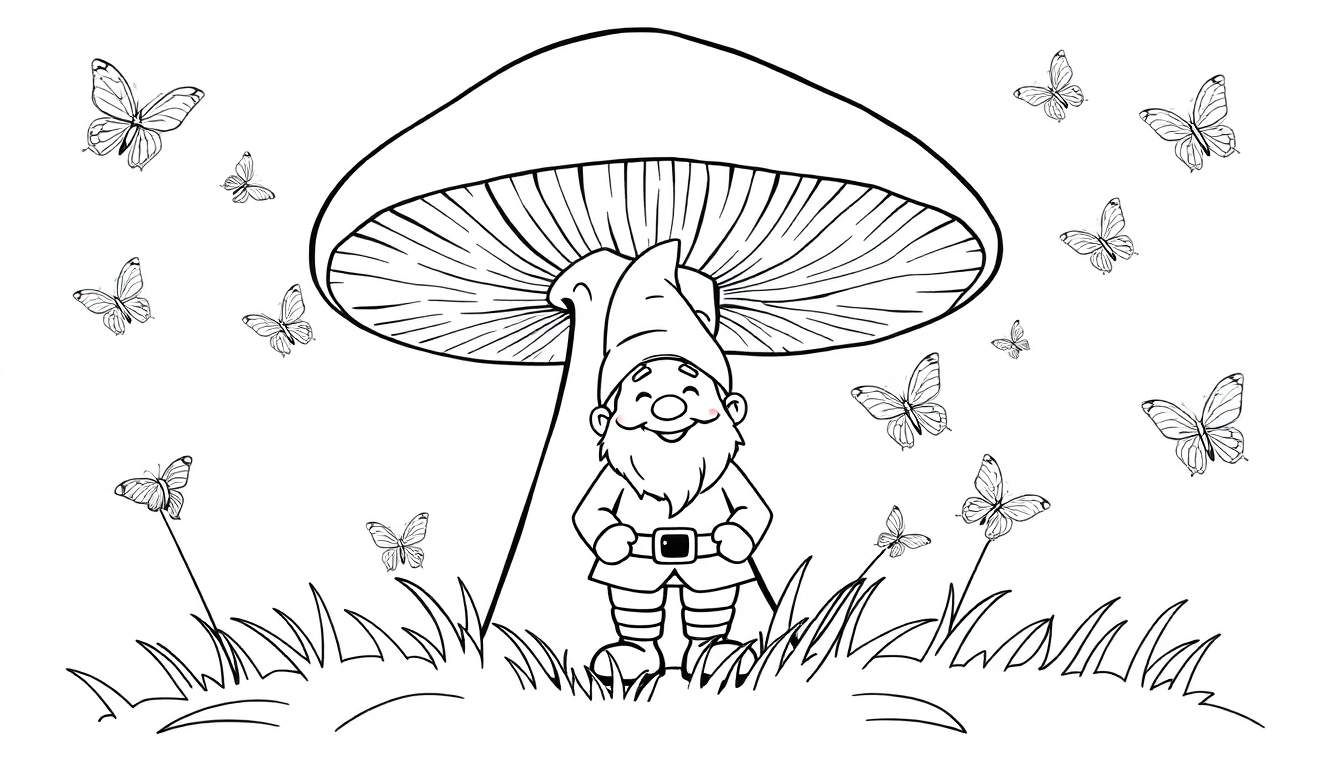 Placa de color de un gnomo amigable bajo un hongo gigante con mariposas.