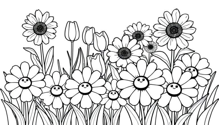 Una placa de color de un jardín de flores sonrientes, incluyendo margaritas y tulipanes, rodeado de hierba.