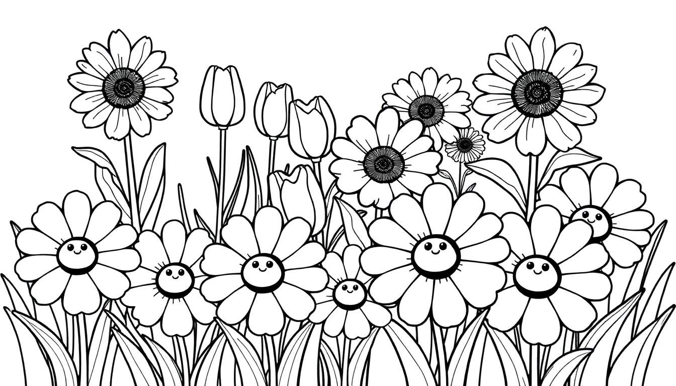 Una placa de color de un jardín de flores sonrientes, incluyendo margaritas y tulipanes, rodeado de hierba.
