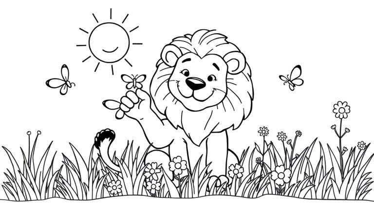 Placa de color de un león de dibujos animados amigable con mariposas en un prado.