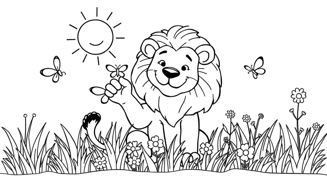 Placa de color de un león de dibujos animados amigable con mariposas en un prado.