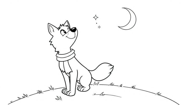 Placa de color de un lobo de dibujos animados aullando a la luna creciente y las estrellas.