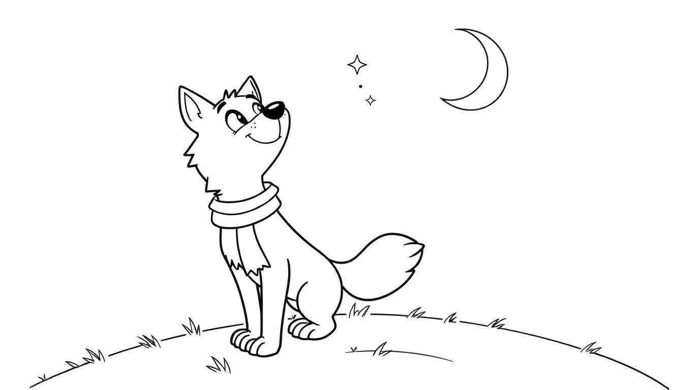 Placa de color de un lobo de dibujos animados aullando a la luna creciente y las estrellas.