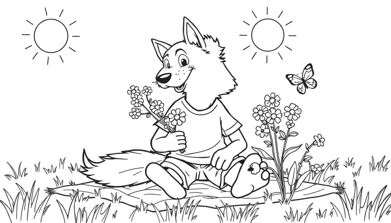 Una placa de color con el dibujo de un lobo amistoso sentado en un campo de flores.