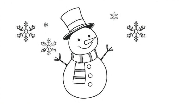 Placa de color: un muñeco de nieve sonriente con sombrero y bufanda, rodeado de copos de nieve.