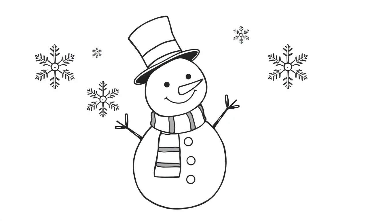 Placa de color: un muñeco de nieve sonriente con sombrero y bufanda, rodeado de copos de nieve.