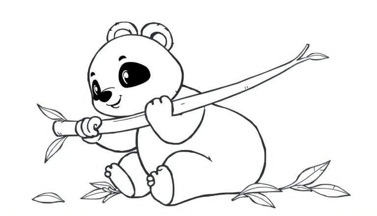 Un simpático dibujo lineal en blanco y negro de un panda bebé sentado, sosteniendo una rama de bambú, listo para colorear en esta placa de color.